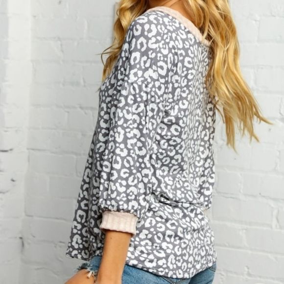 Charcoal Gray & Taupe Animal Print Blouse - Picture 6 of 6